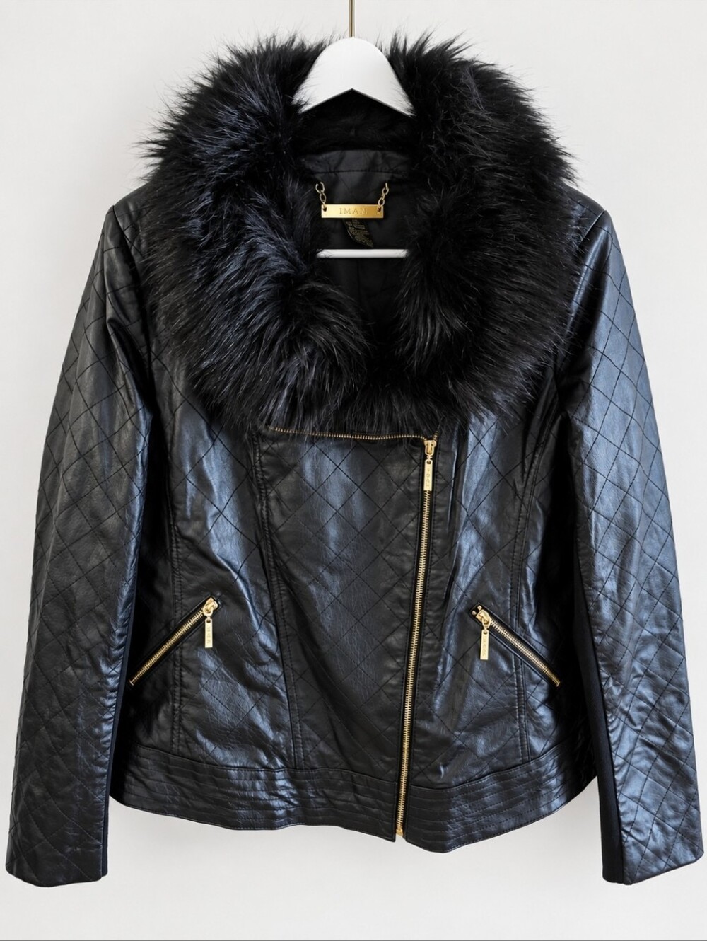 IMAN Leather Jacket Women's XL Black Quilted Faux Fur Collar Moto Biker Gold Zip